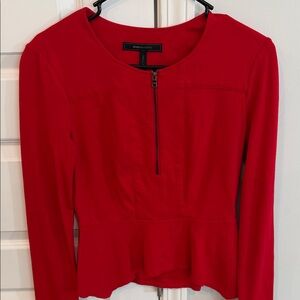 BCBGMAXAZRIA Red Long-Sleeve Peplum Zip-Front Top Size Small